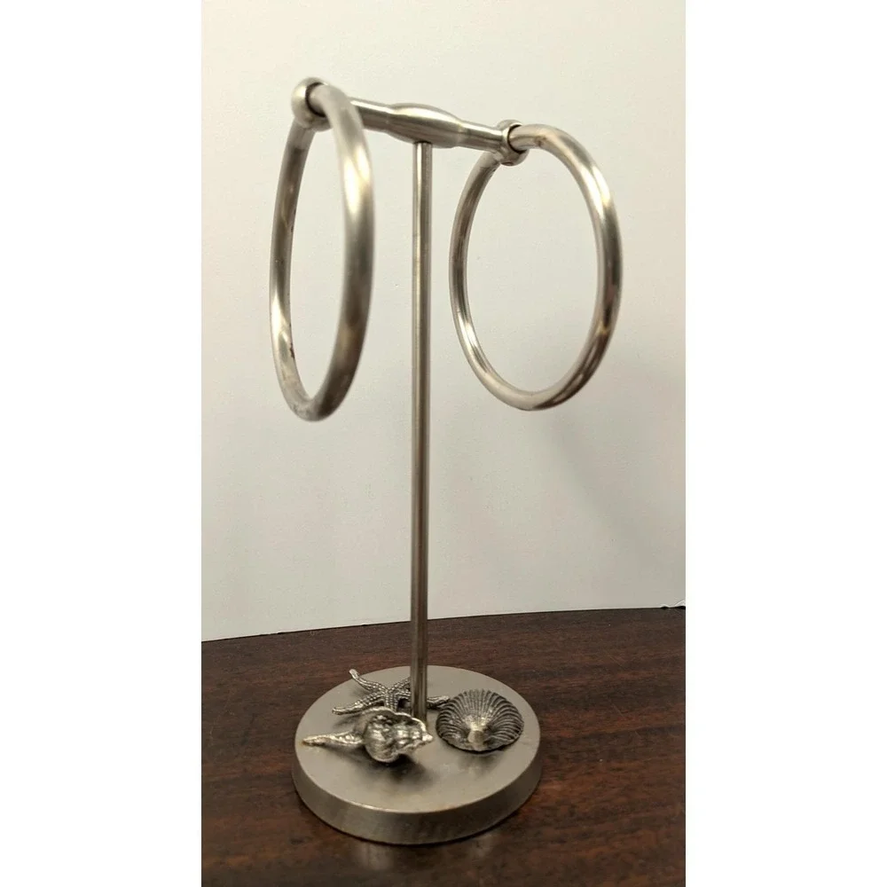 Vintage Coastal Nautical Double Towel Ring Holder Stand Brushed Nickel Seashell